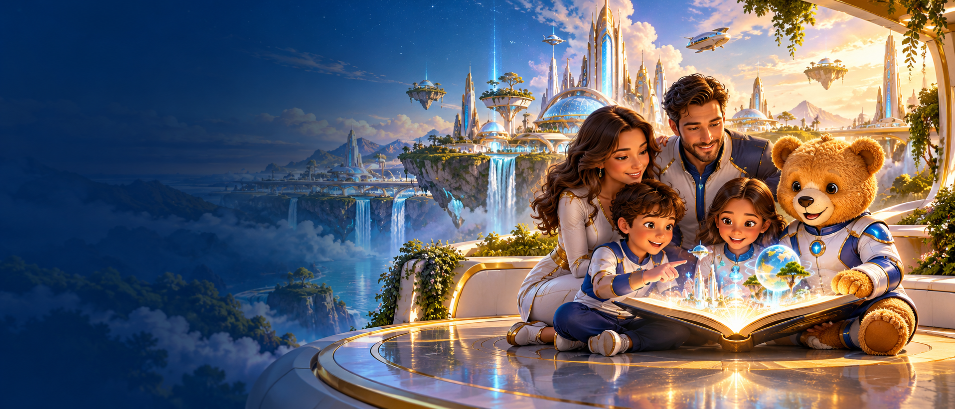Teddy the bear and a fictional family exploring a futuristic learning city