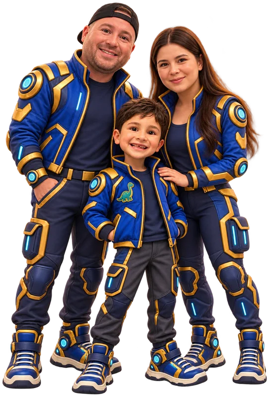 Teddy with his mom and dad in matching future jackets