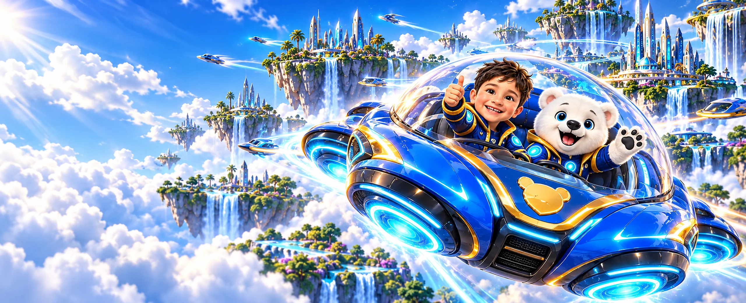 Teddy and Snowy flying the blue Future Lab car over floating islands