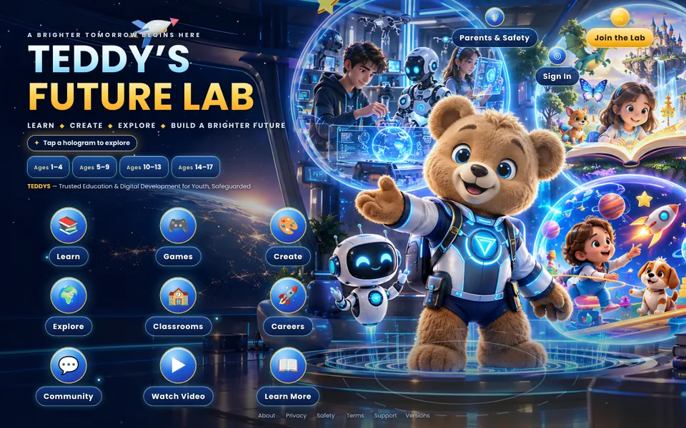 Version 2 welcome page: Teddy the bear in a futuristic lab with glowing hologram buttons