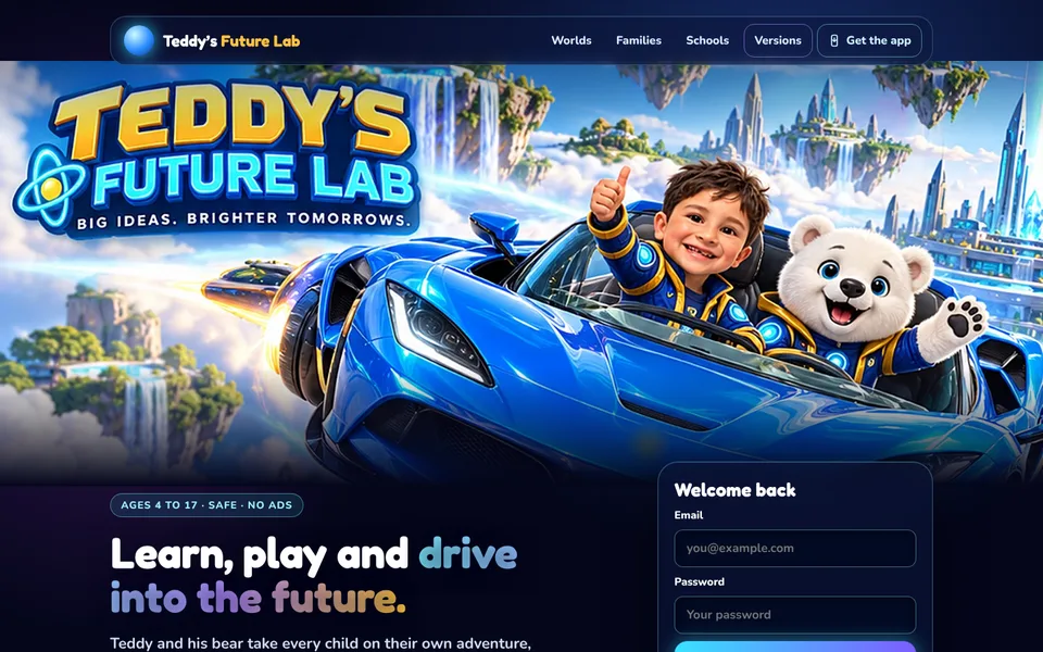 Version 3 welcome page: Teddy and his white bear in a flying blue car over floating islands
