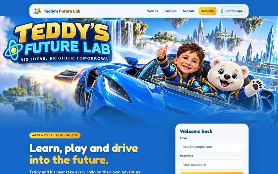 Version 4 welcome page: a bright blue sky, Teddy and his white bear in the blue car, gold buttons